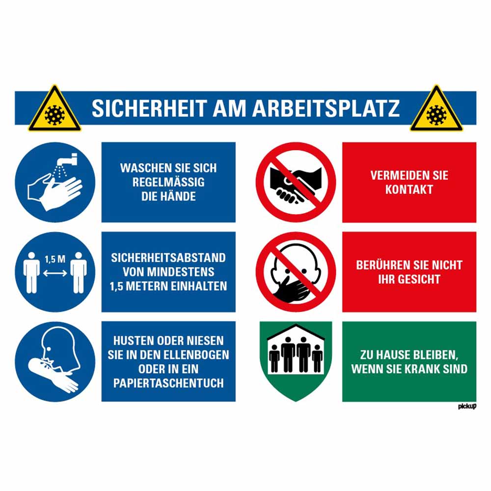 Kunststoff Schild 330x230 mm 1272301007 EAN 8711234134141 Waschen Sie regelmässig regelmaessig die Hände Haende Sicherheitsabstand 1,5 Metern Husten oder Niesen in den Ellenbogen oder Papiertaschentuch Vermeide Kontakt Gesicht nicht berühren beruehren Zu Hause bleiben wenn krank social distance 19  