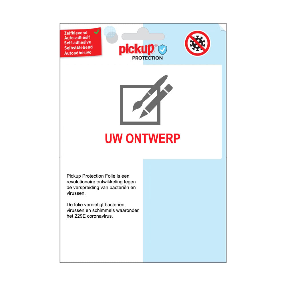 Anti bacterieel en anti folie Pickup Protection anti microbiële folie remt en breekt bacteriën en sen af. Zelfklevend. Maatwerk op klantspecificatie. Grote en kleine formaten mogelijk. Prijs op aanvraag. MW1500000099 EAN MW social distance 19 