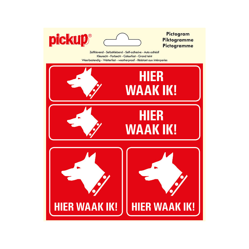 Pictogram 150x150 mm 4 op 1 - Hier waak ik - waakhond - P170-15-4 - EAN 8711234376510 - zelfklevende vinyl sticker 