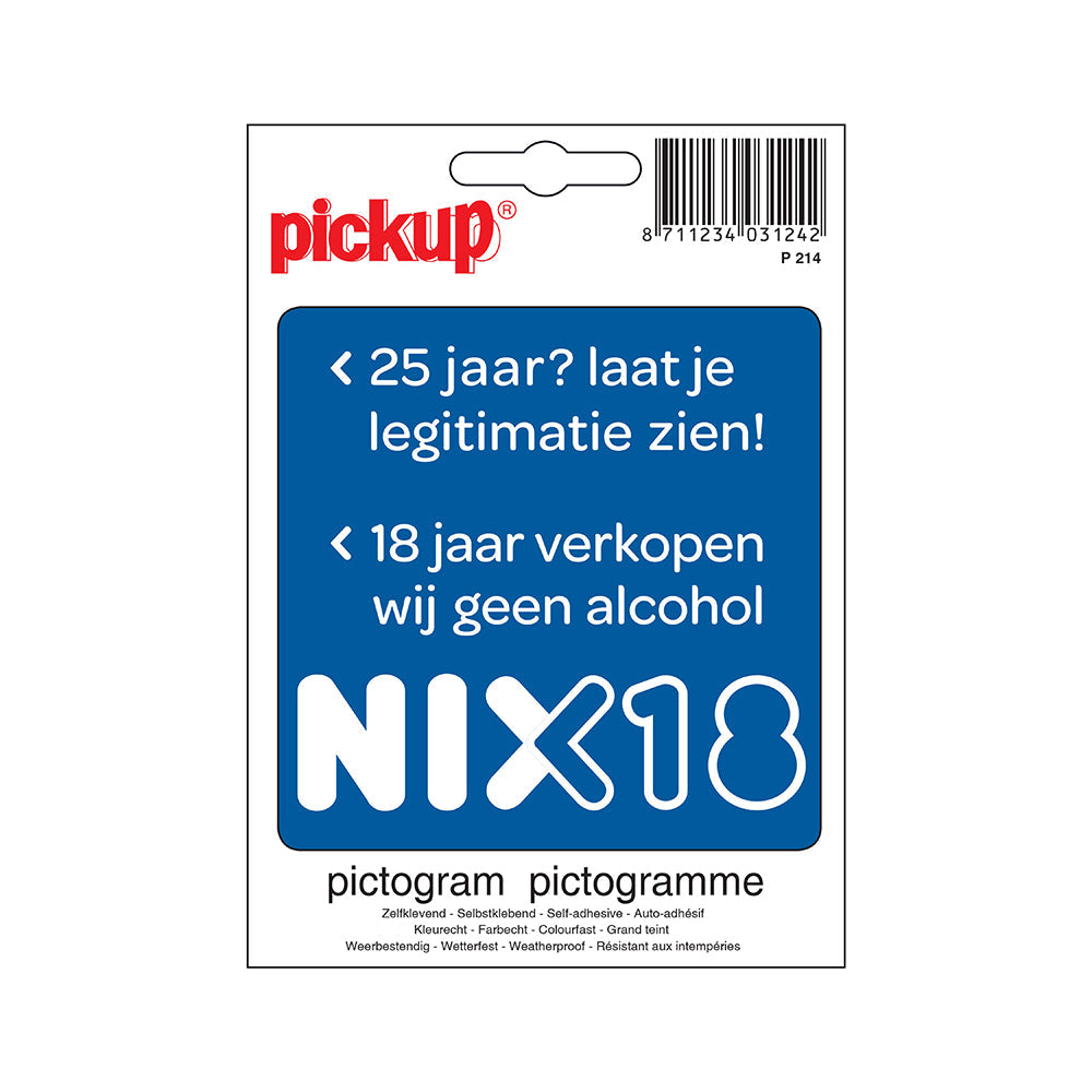 Pictogram 100x100 mm - Nix18 &lt;25 legitimatie &lt;18 geen alcohol - P214 - EAN 8711234339171 - zelfklevende vinyl sticker 