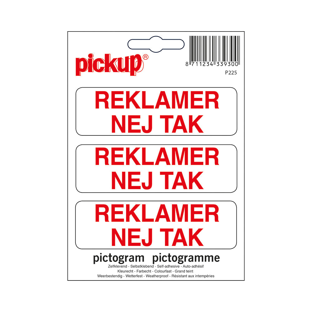 Pictogram 100x100 mm - REKLAMER NEJ TAK - P225 - EAN 8711234339300 - zelfklevende vinyl sticker 