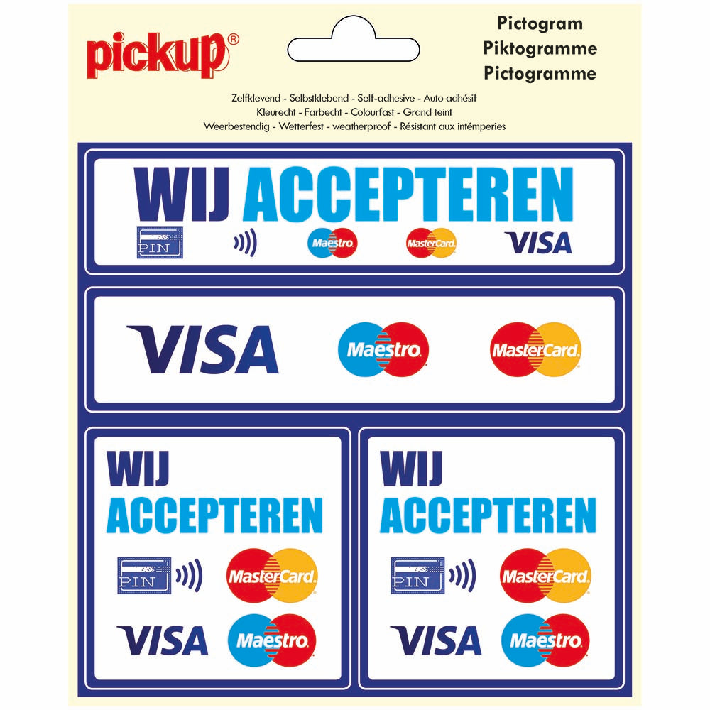 Pictogram 150x150 mm 4 op 1 - Wij accepteren PIN Maestro Mastercard Visa - P303-15-4 - EAN 8711234127761 - zelfklevende vinyl sticker 