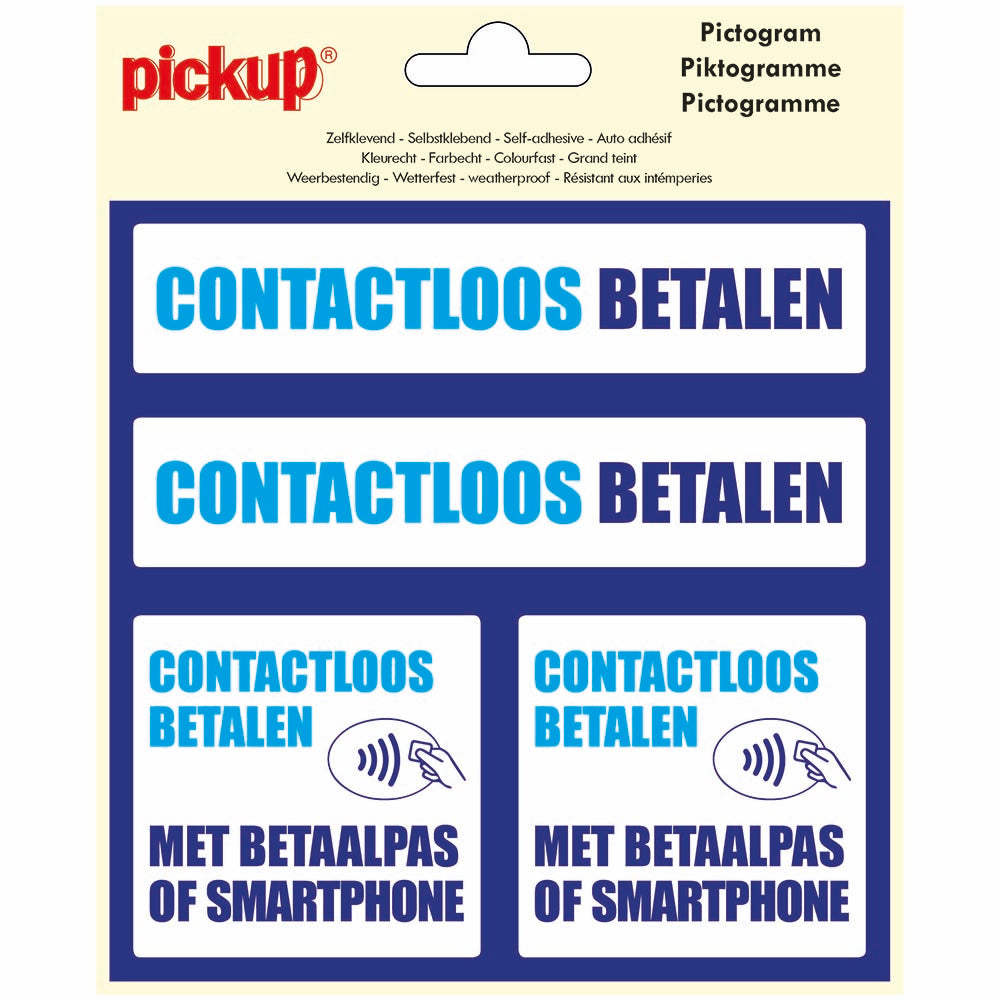 Pictogram 150x150 mm 4 op 1 - Contactloos betalen met pas of smartphone - P308-15-4 - EAN 8711234127402 - zelfklevende vinyl sticker 