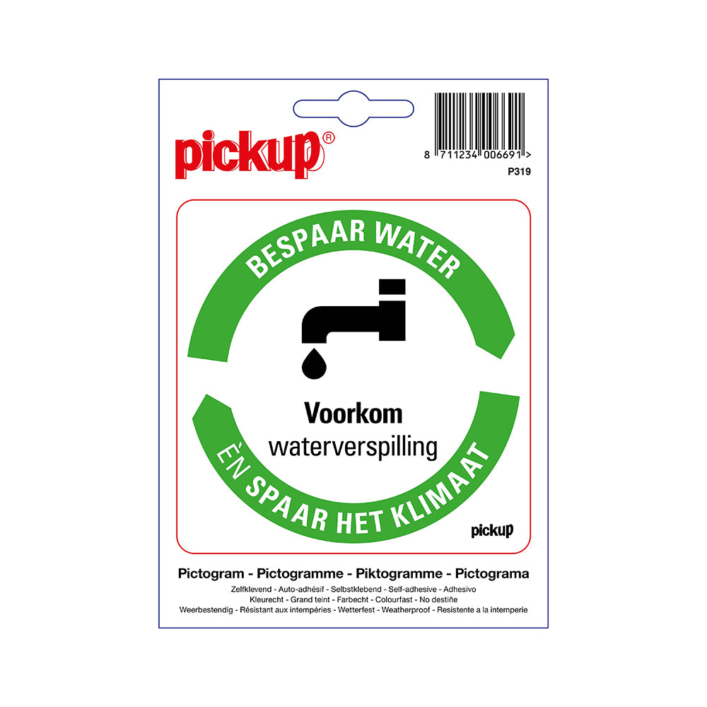 Pickup sticker Bespaar Energie spaar het klimaat: Bespaar water - 100x100 mm - zelfklevend vinyl - P319 - EAN 8711234006691. De Pickup energie- en milieu besparingsstickers zijn in de uitvoering “bespaar water”, “deur sluiten”, “licht uit”, “verwarming uit”, “thermostaat laag” en “stekker uit stopcontact” te verkrijgen. De stickers zijn er in de afmeting 10x10 cm en 5x5 cm (4 stuks op 1 vel). Er is ook een hard kunststof verzamelbordje in de afmeting 23x33 cm verkrijgbaar.