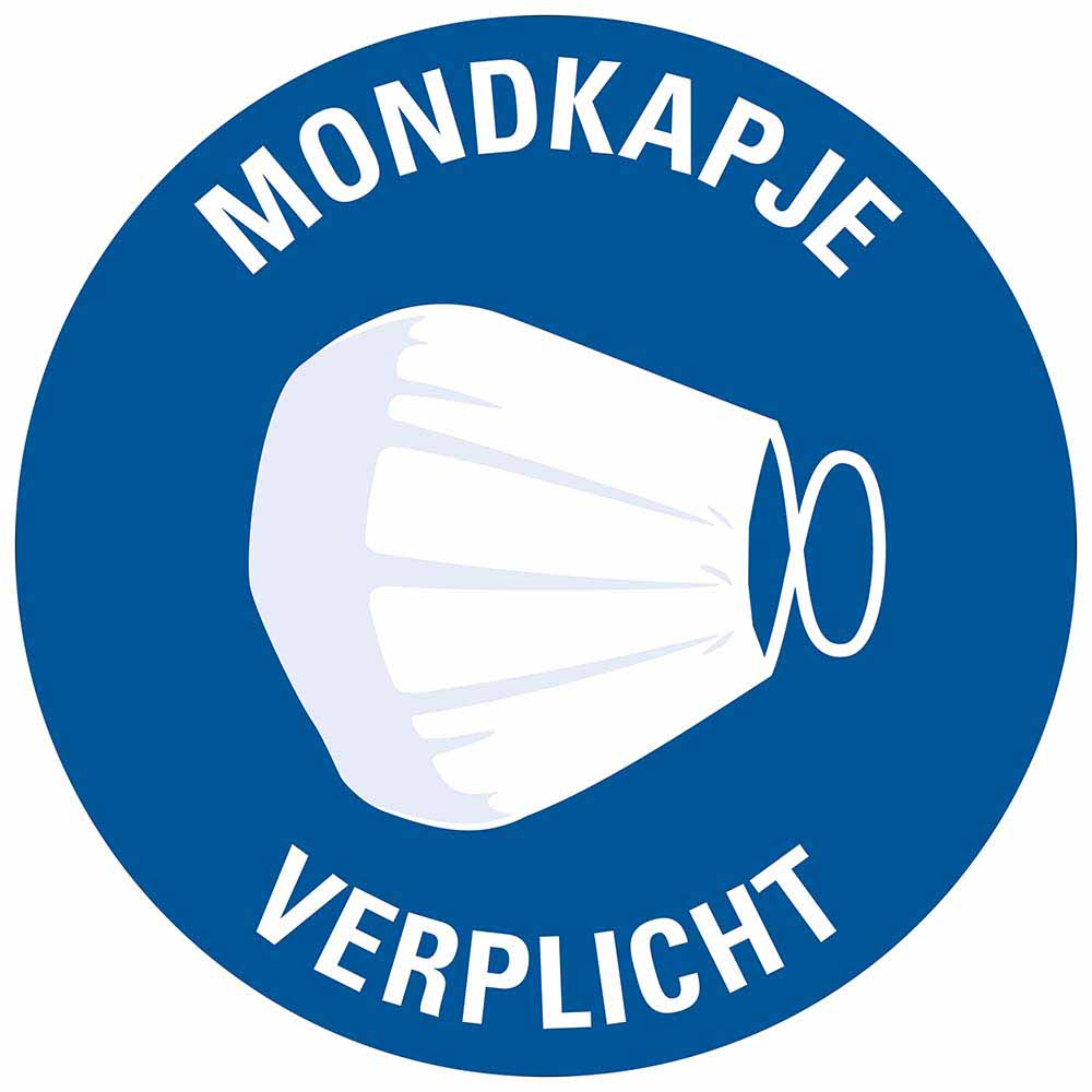 Pictogram sticker mondkapje verplicht rond 150 mm social distance 19 EAN 8711234340085