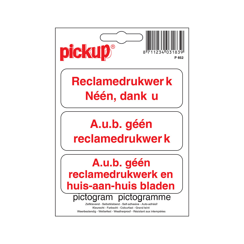 Pictogram 100x100 mm - Geen reclame - P652 - EAN 8711234031839 - zelfklevende vinyl sticker 