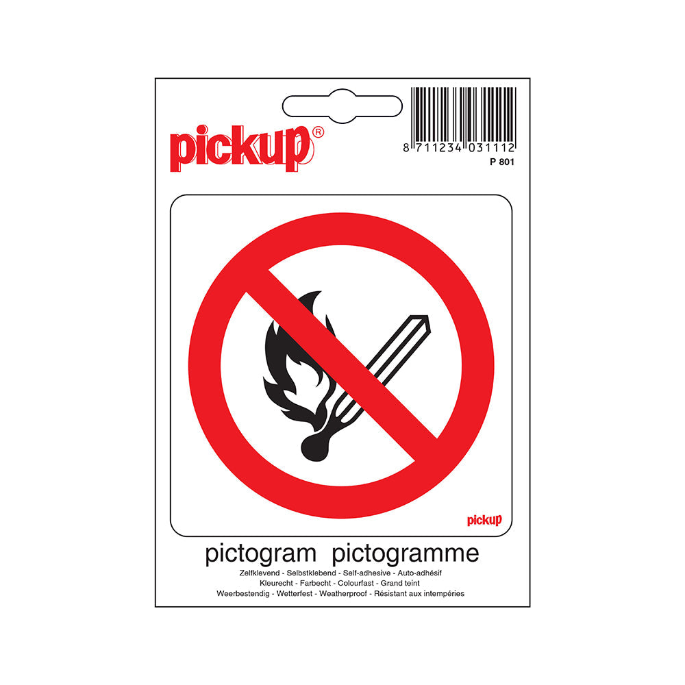 Pictogram 100x100 mm - Vuur open vlam Verboden - P801 - EAN 8711234031112 - zelfklevende vinyl sticker 