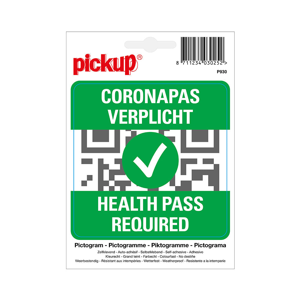 Pickup Pictogram sticker coronapas toegangsbewijs verplicht 100x100 mm sticker zelfklevend vinyl, P930, EAN 8711234030252