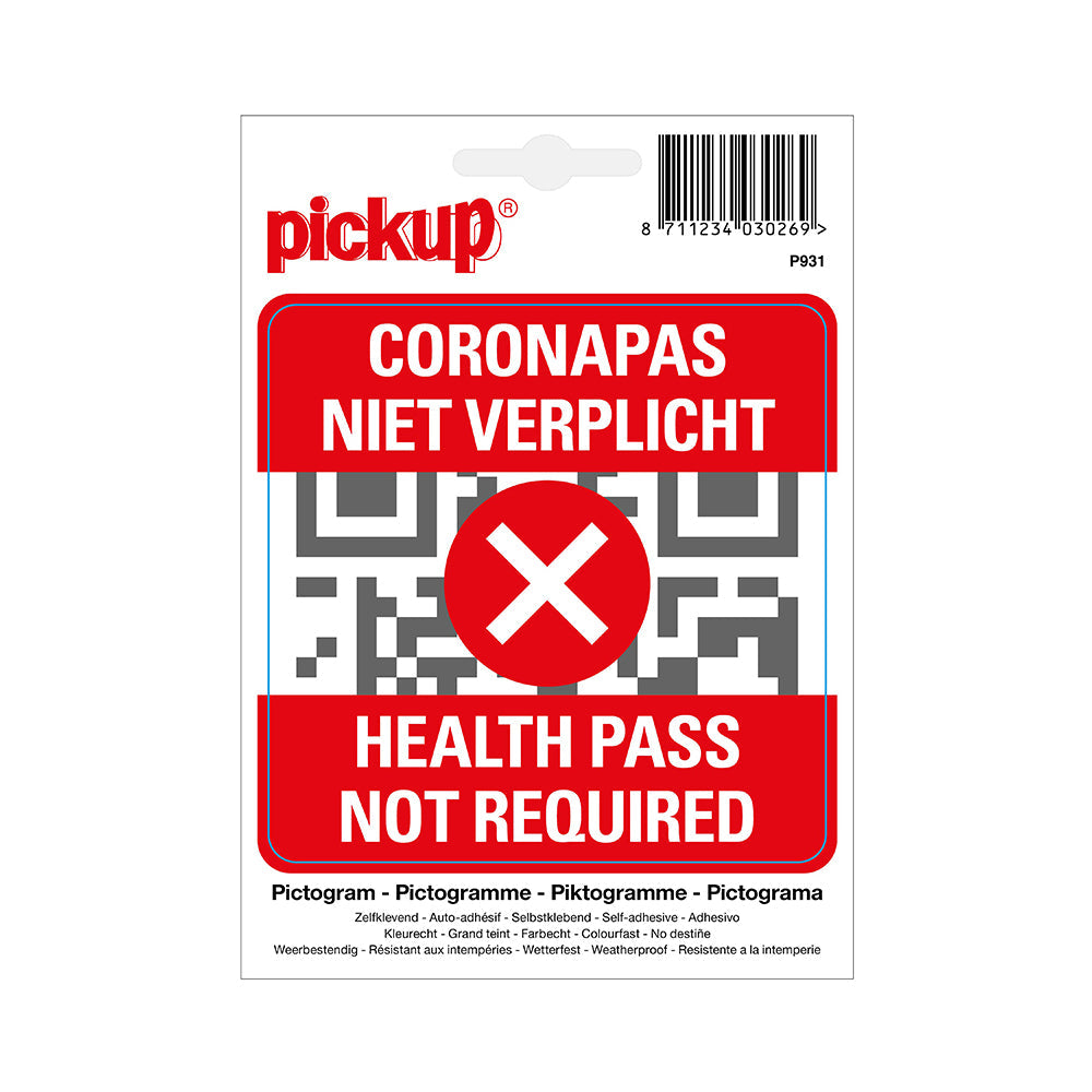 Pickup Pictogram sticker coronapas toegangsbewijs niet verplicht 100x100 mm sticker zelfklevend vinyl, P931, EAN 8711234030269