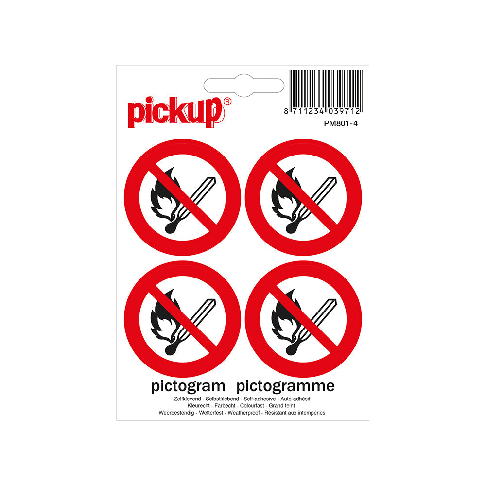 Mini Picto Pictogram 47x47 mm 4 per vel - Verbod vuur open vlam roken - PM801-4 - EAN 8711234039712 - zelfklevende vinyl sticker 