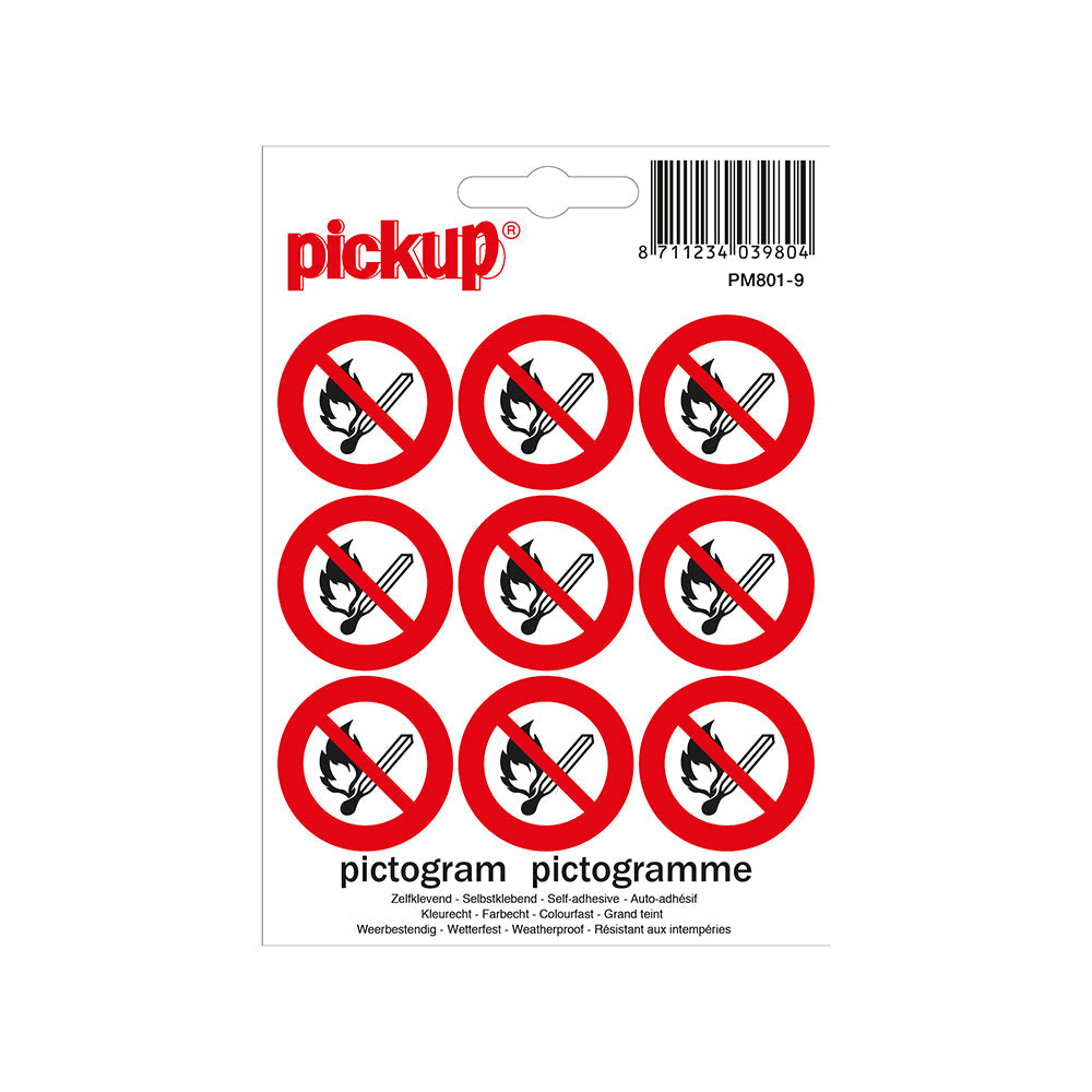 Mini Picto Pictogram 30 mm 9 per vel - Verbod vuur open vlam roken - PM801-9 - EAN 8711234039804 - zelfklevende vinyl sticker 